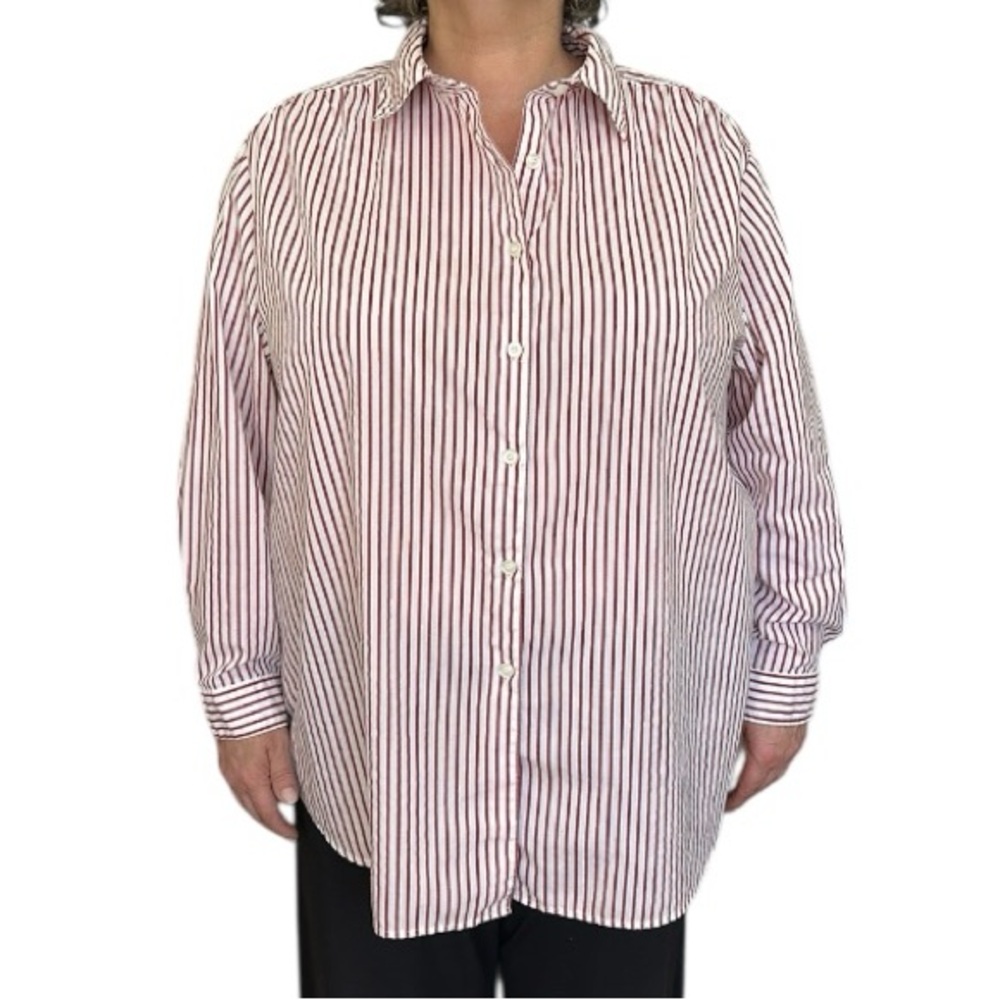 Roaman's Striped Red and White Cotton Button Down Shirt Plus SIze 2X